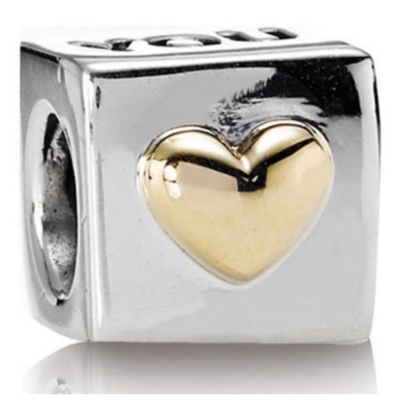 Pandora 925 14K Two Tone I Love You Heart Block Bead Charm - Picture 1 of 5